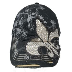 Leader Baseball Cap Black One Size Studded Rhinestone Fleur De Lis Cotton Hat